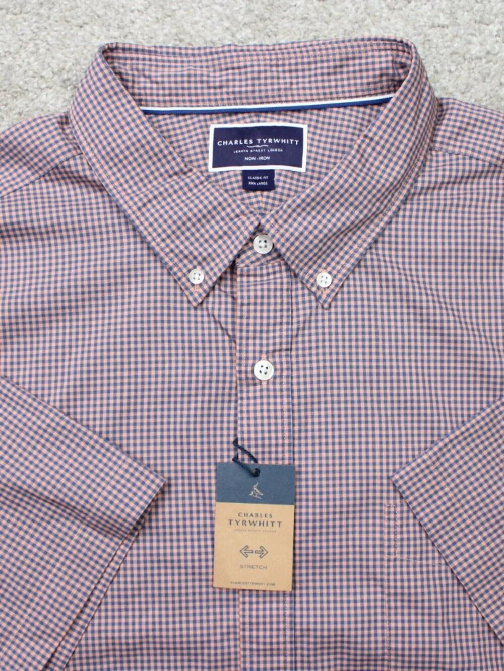 Charles Tyrwhitt Stretch Shirt NWT Mens 3XL Pink/Blue Non-Iron Classic Fit S/S